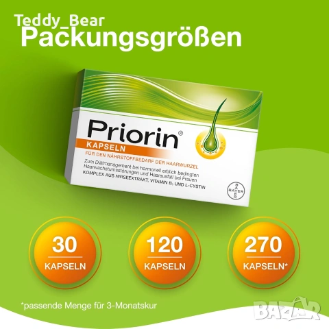 PRIORIN (Приорин) немски капсули против косопад -цяла кутия 270 капсули 95 EUR и "на блистери', снимка 2 - Продукти за коса - 55101526
