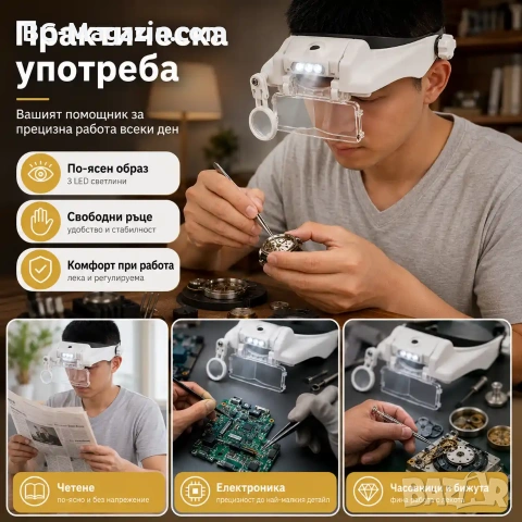 Увеличителна часовникарска лупа за глава око очила с LED осветление светлина лампа бижутери мощна, снимка 5 - Други инструменти - 50919425