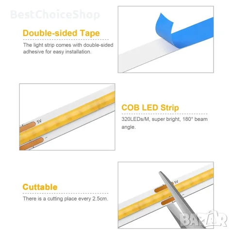 6 броя х 1метър COB LED ленти USB димируема с докосване – топло бяло , снимка 9 - Лед осветление - 55354405