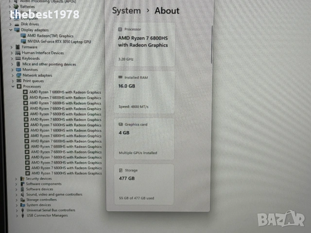 17.3 ROG Strix`Ryzen 7 6800H/RTX 3050/16GB DDR5/512GB NVMe/Full HD IPS 144Hz/RGB, снимка 9 - Лаптопи за игри - 54158046