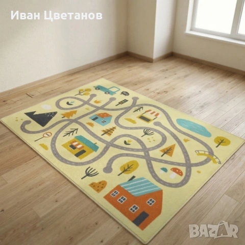 Детски килим за игра 120х160см - Светложълт килим с цветни къщички, противоплъзгащ и миещ се