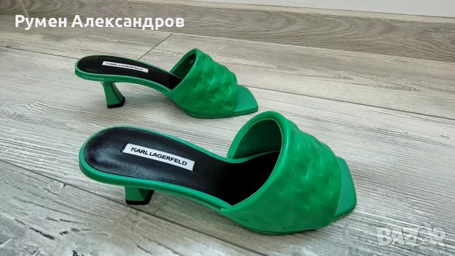 Нови зелени дамски кожени чехли на ток KARL LAGERFELD PANACHE II EUR38, снимка 6 - Чехли - 55337595