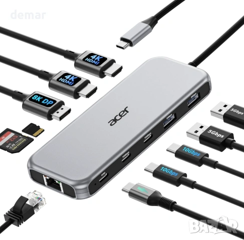 Докинг станция Acer 11-в-1, USB-C троен дисплей 1*DP 8K, 2 × HDMI 4K