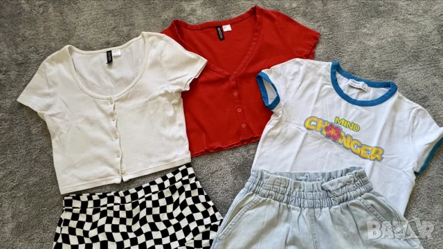 Bershka, H&M, Zara 13-14 г. Сет от три блузки, поличка и дънкови панталонки., снимка 2 - Детски комплекти - 54448789