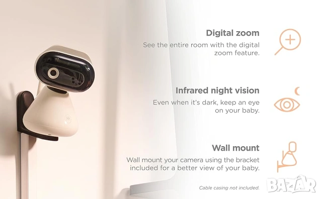 Бебешка камера Motorola Nursery PIP1000C HD WiFi Baby Monitor - НОВА, снимка 11 - Бебефони - 54683751