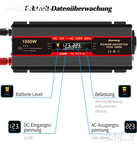 Seamuing 1000W инвертор за кола DC 12V към AC 220V конвертор за EU контакт и USB порт, снимка 5 - Аксесоари и консумативи - 54754816