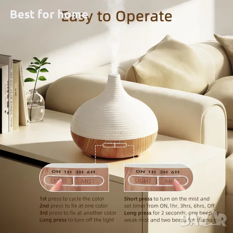 ASAKUKI 300ml дифузер за етерични масла с 4 таймера и 14 цветни LED светлини | Ултразвуков дифузер , снимка 7 - Овлажнители и пречистватели за въздух - 55531767