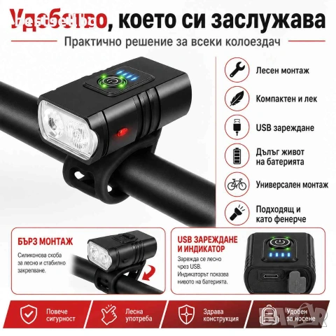 Мощен акумулаторен LED фар за колело 1000 lm с 2 CREE T6 диода и USB зареждане, снимка 5 - Аксесоари за велосипеди - 29262897