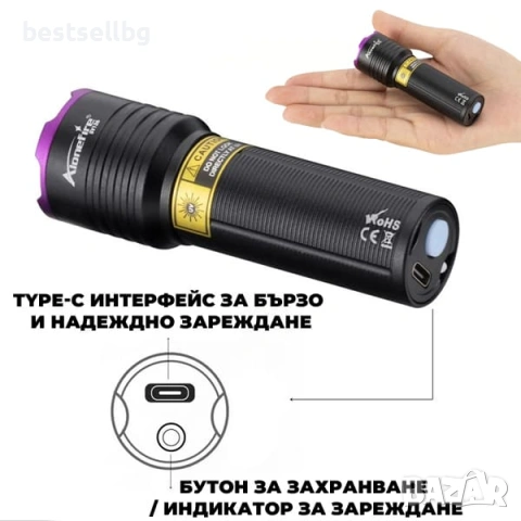 Професионален акумулаторен UV фенер 365nm с фокус ув фенерче лампа за камъни фалшиви пари евро смола, снимка 6 - Други инструменти - 54366763