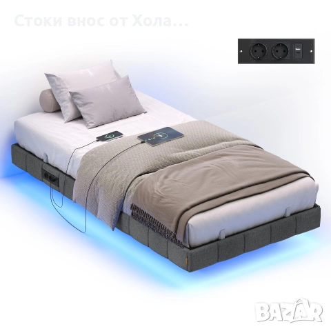 Легло 90 x 200 см с LED осветление, плаващ ефект, тапицирани страници, 2 AC контакта, 2 USB-A и 1 US