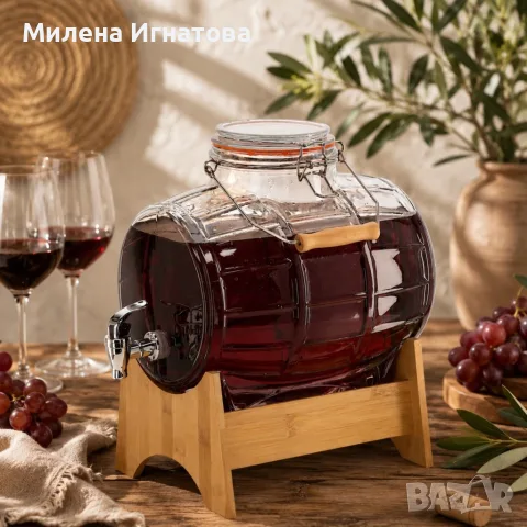 Стъклен диспенсър за напитки 8L, с кран и бамбукова поставка, снимка 3 - Буркани, бутилки и капачки - 55604023