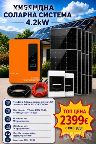 Хибридна Соларна Система 4.2kW с Инвертор ANERN AN-SCI-EVO-4200 и 9бр. Фотоволтаични панели HYSolar