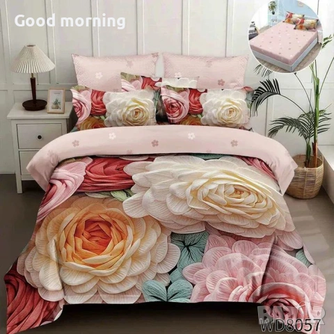 Флорален комплект с ластик, 100% памук 1 бр. х плик за завивка 200 x 230 cm 1 бр. х долен чаршаф , снимка 7 - Спално бельо - 54090324