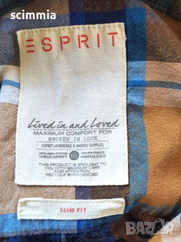 Карирана мъжка риза Esprit Slim Fit синьо и кафяво размер L 100% памук, снимка 6 - Ризи - 54810451