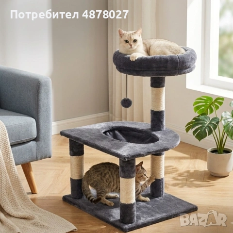 Многофункционална драскалка за котки – 3 нива с легло и топче, 70см, снимка 2 - За котки - 55203787