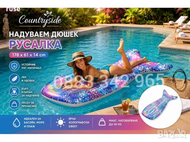 НОВИ! Надуваем дюшек Русалка 178см до 100кг