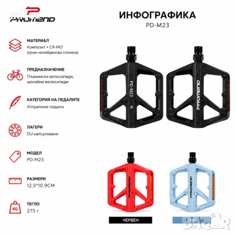 Композитни платформени педали PROMEND M23, Ултралеки, 275g, CR-MO ос, Цветове, снимка 9 - Части за велосипеди - 54687452