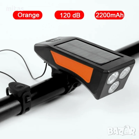 Соларна LED светлина за велосипед с клаксон - 350Lum, 120dB, 3 режима, снимка 3 - Аксесоари за велосипеди - 30315167
