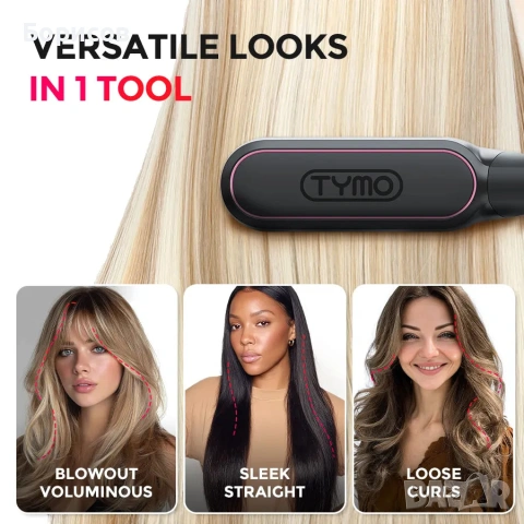 Четка преса за коса TYMO Flipro Hair Straightener Brush 2 in 1 200M Ions Ceramic Black, снимка 11 - Преси за коса - 55146151