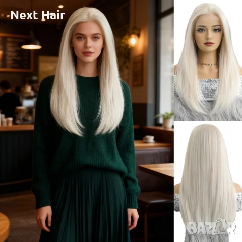 Платинено руса синтетична права перука - Lace Front 13x4