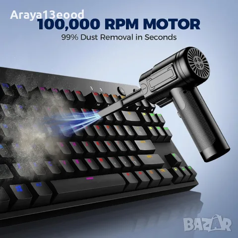 RADCLO Компресор за въздух и преносим вентилатор 100 000 RPM – акумулаторен, 3 скорости, LED, снимка 2 - Друга електроника - 55636256