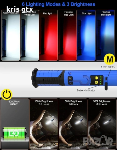 работна лампа 3000LM 6 вида светене магнитна стойка 5000mAh батерия лампа за ремонт на автомобили, снимка 3 - Аксесоари и консумативи - 55125644
