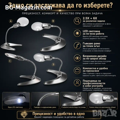 Увеличителна настолна лупа с LED осветление лед лампа регулируемо чупещо се рамо за четене гоблени, снимка 4 - Други инструменти - 50921155