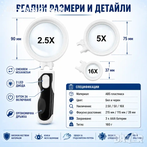 Увеличителна мощна ръчна лупа с LED осветление лампа дръжка различни сменяеми лещи четене бижута, снимка 5 - Други инструменти - 50920055