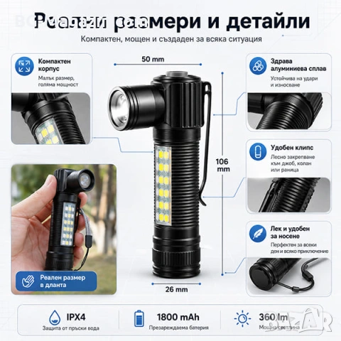 Акумулаторен LED челник за глава и ръчен фенер 2в1 за риболов къмпинг лов туризъм работа аварии, снимка 4 - Къмпинг осветление - 50938425
