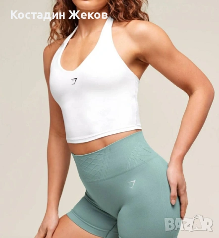  Нов дамски оригинален бял кроп топ Gymshark Halter Neck Cami with Shelf , снимка 4 - Корсети, бюстиета, топове - 54527232