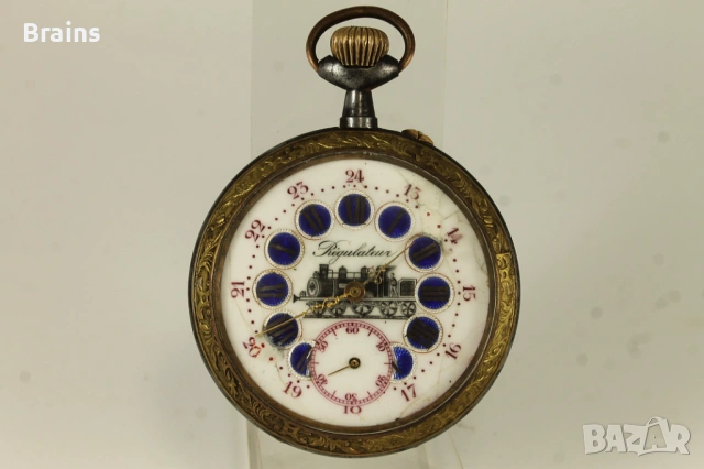 1900's REGULATEUR С Локомотив 68мм Джобен Часовник Син Емайл, снимка 3 - Антикварни и старинни предмети - 54942346