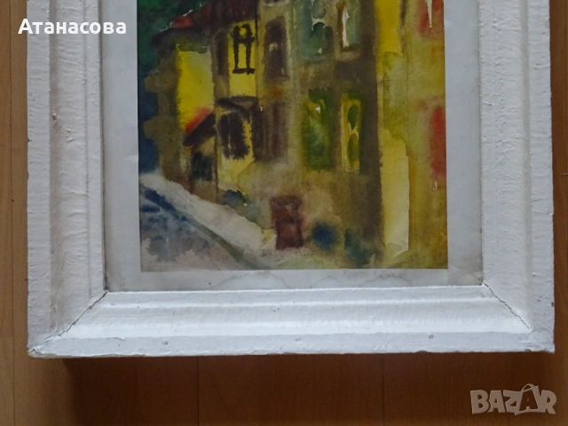 ХРИСТО КАБАКЧИЕВ картина "Градски пейзаж" акварел 1950 г, снимка 4 - Картини - 54586370