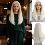 Платинено руса синтетична права перука - Lace Front 13x4, снимка 1