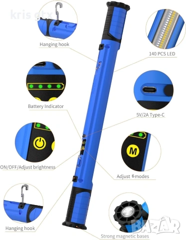 работна лампа 3000LM 6 вида светене магнитна стойка 5000mAh батерия лампа за ремонт на автомобили, снимка 2 - Аксесоари и консумативи - 55125644