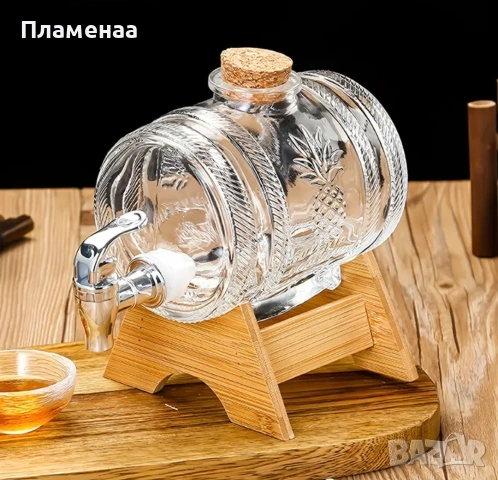 Стъклена бъчва / диспенсър за ракия и уиски с канелка (1000мл)