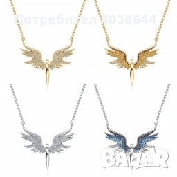 Нежно дамско колие с висулка феникс с камъни / Цвят: Вариант 1: Сребърен със сини камъни, Вариант 2: