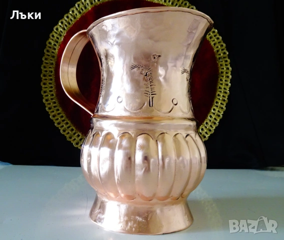 Медна кана,кована чиста червена мед,птици,печат. 