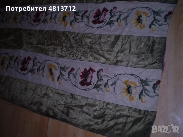 19 ти век ръчно бродирана покривка зелен плюш кадифе, снимка 10 - Антикварни и старинни предмети - 54781752