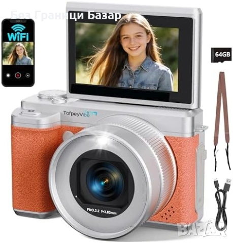 Нов 5K цифров фотоапарат WiFi 180° екран 18X zoom 64GB карта камера за начинаещи