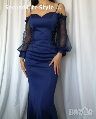 Дълга луксозна официална бална / вечерна /абитуриентска синя рокля с прозрачни ръкави и гръб р-р S-M