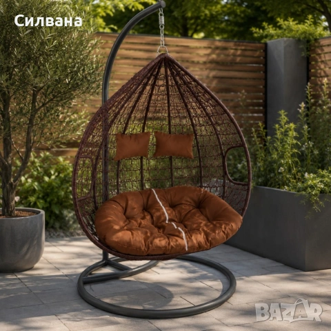 Двойна висяща ратанова люлка , снимка 2 - Градински мебели, декорация  - 55099391