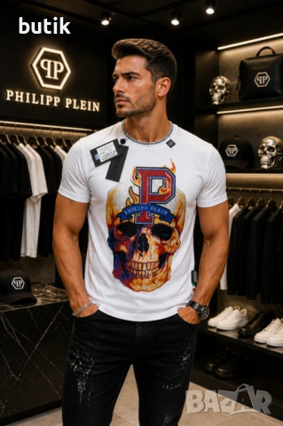 Philipp Plein бяла мъжка тениска с цветен череп – M, XL, снимка 2 - Тениски - 54427444