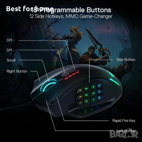 Геймърска мишка Redragon M908 Impact RGB LED MMO с 12 странични бутона, оптична, снимка 4 - Клавиатури и мишки - 54572764