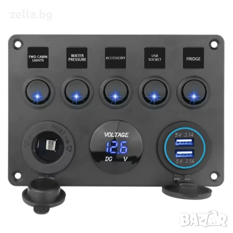 Автомобилен контролен панел с 5 бутона ON/OFF, IP65, 12V/24V – с волтметър, USB и гнездо 10228, снимка 3 - Друга електроника - 54661202