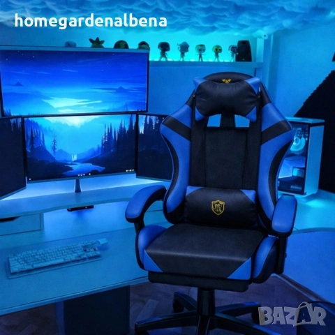 Геймърски стол с масажна функция и поставка за крака – ергономичен, черно-син, снимка 2 - Столове - 54118376