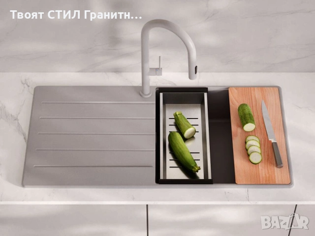 Сива кухненска мивка от гранит Копенхаген 1000x500 Top 60, снимка 3 - Мивки - 55123806