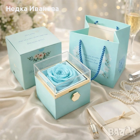 Луксозна подаръчна кутия с консервирана синя роза и въртящо се чекмедже, снимка 3 - Подаръци за жени - 54191622