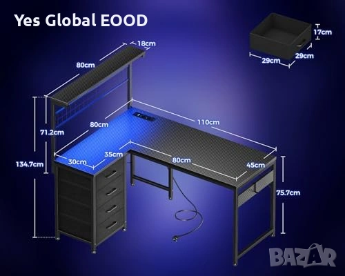 Геймърско бюро Coleshome LED 110x80 с чекмеджета, снимка 3 - Маси - 54532612