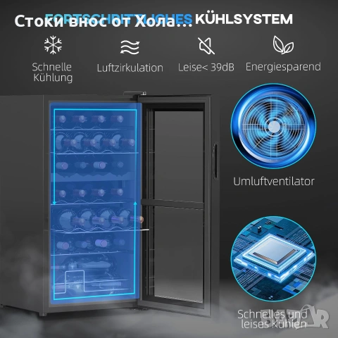Охладител за вино HOMCOM с 2 зони, 28 бутилки, 74 л, 5–18°C, компресорен хладилник за напитки с LED , снимка 3 - Хладилници - 55179428