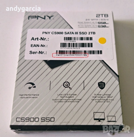  ЧИСТО НОВ 2TB SSD PNY CS900 SATA 6Gb/s. 2.5 inch скорост на четене/запис - 550/530 MB/s , снимка 3 - Твърди дискове - 54341103